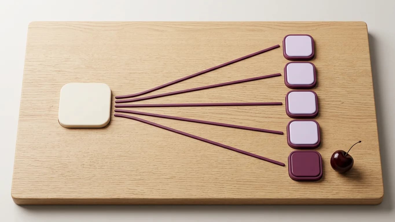 A single pale cream tile at the left of a light oak surface connected by thin plum lines to six smaller tiles arranged in a column at the right, five of them pale lavender and the bottom one deep plum, with a single dark cherry beside the plum tile