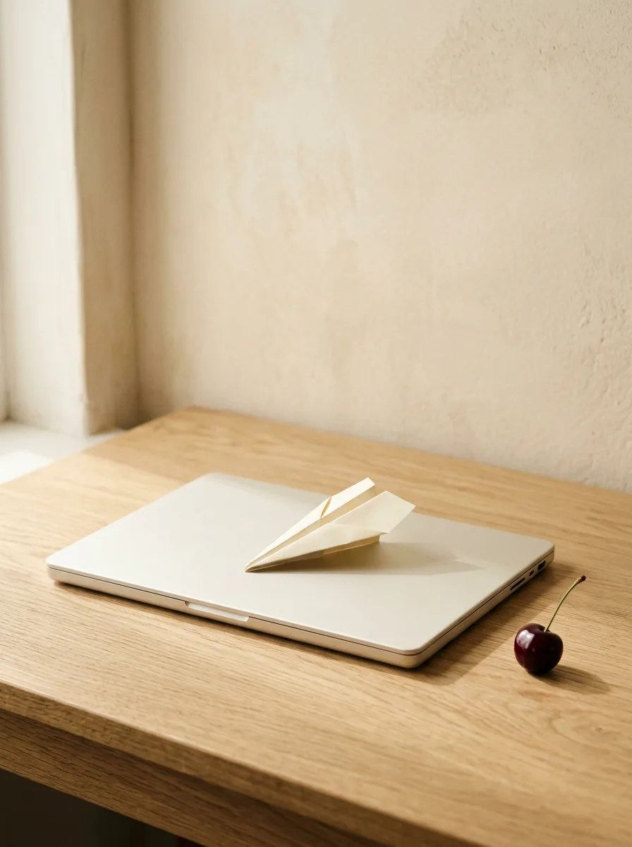 Geschlossener Laptop mit einer Papierflieger-Silhouette, die eine automatische Antwort symbolisiert