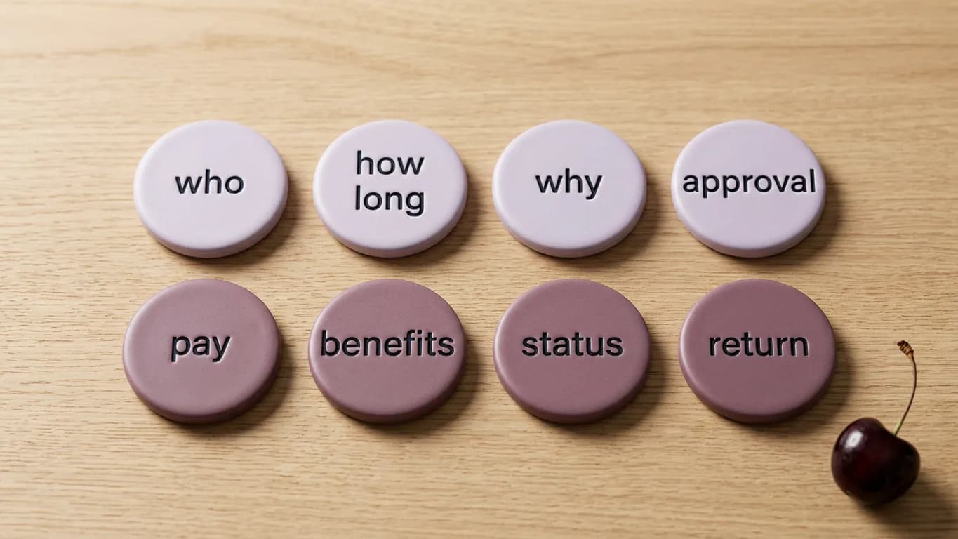 Eight small rounded tactile tiles arranged in two rows of four on light oak, the first row pale lavender and the second row dusty plum, each tile bearing a single short word: who, how long, why, approval, pay, benefits, status, return