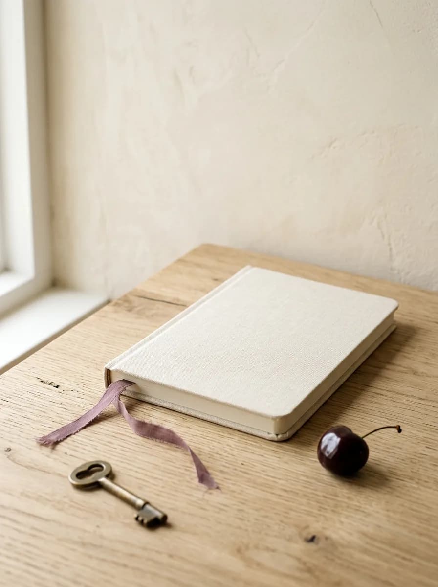 A closed cream linen-bound notebook with a thin plum ribbon marker lying on a light oak desk beside a brass key and a single dark cherry, in soft window light