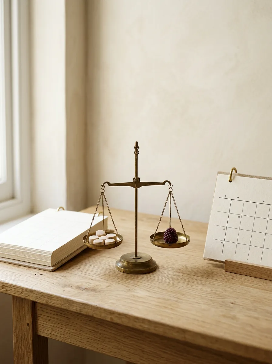A calendar year closing with balanced scales carrying vacation days across into the next year