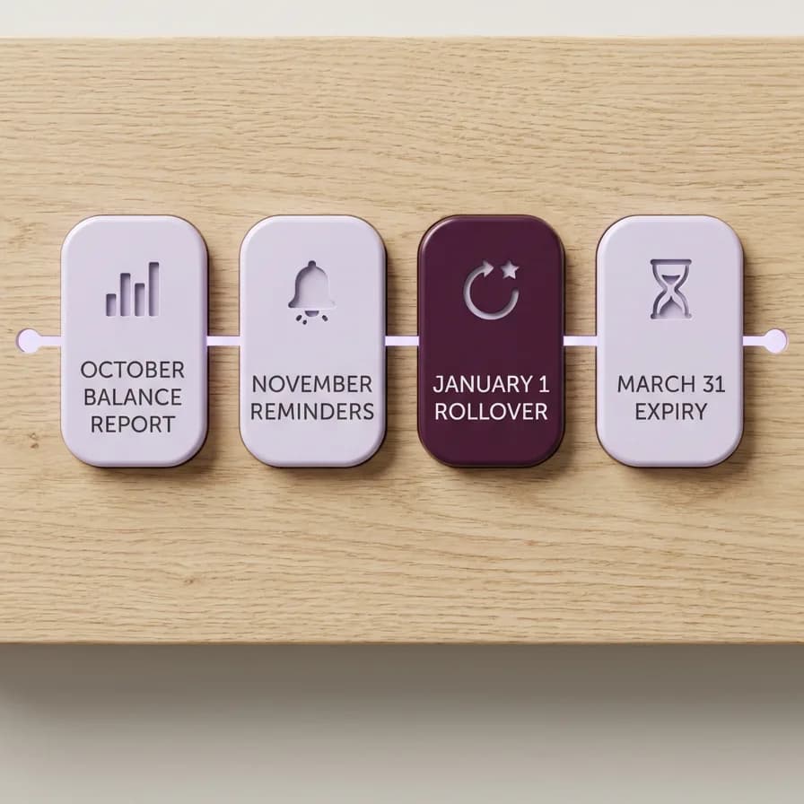 Quarter-by-quarter year-end timeline: balance report in October, targeted reminders in November, automatic rollover on January 1, expiry on March 31