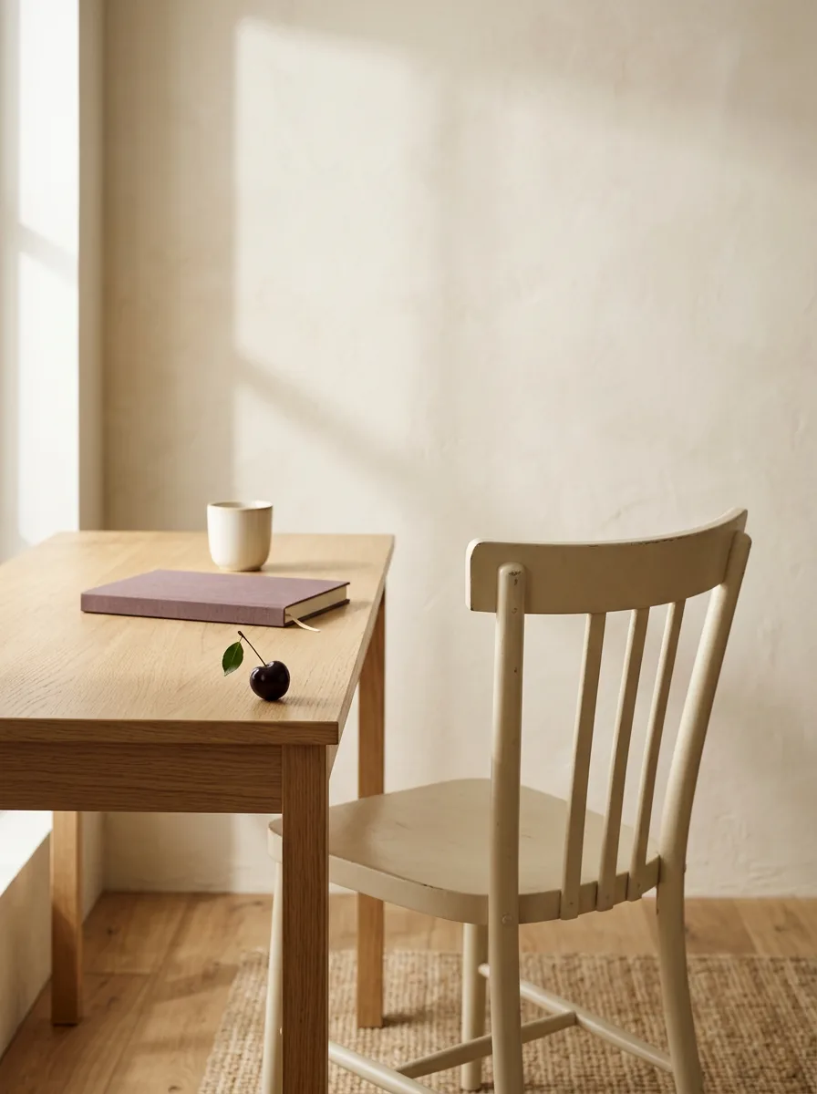 A pale cream wooden chair seen from behind, pulled slightly out from a light oak desk on which sits a closed plum notebook and a small ceramic cup, with a single dark cherry on the desk corner, in soft morning light