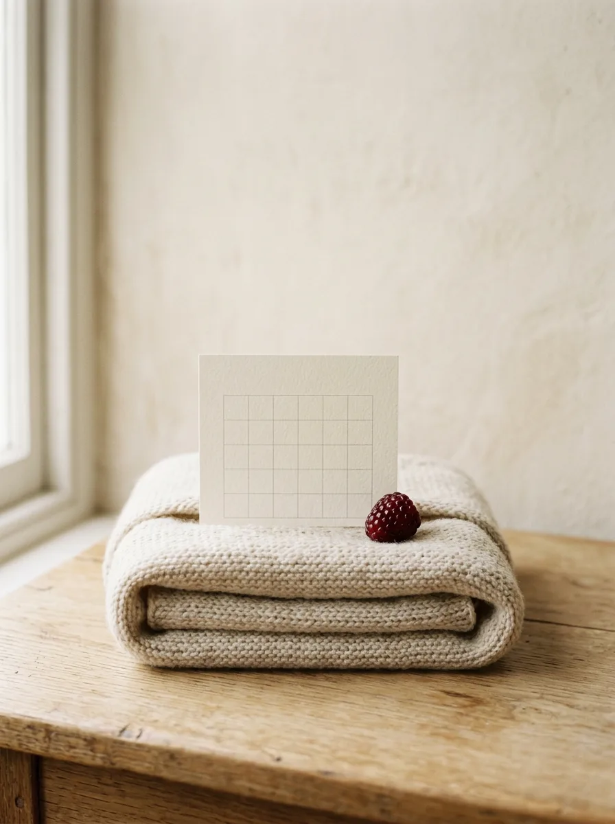 A folded pale knitted blanket on cream linen with a small calendar card tucked into the fold and a single raspberry resting on top