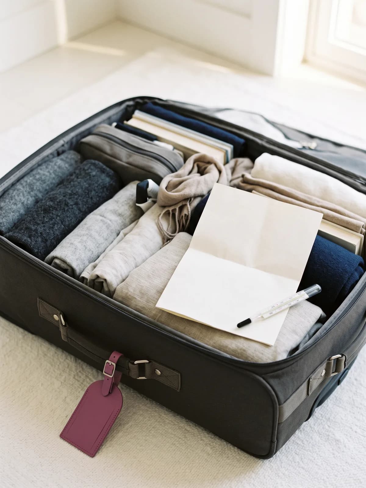 Doctor's note next to a travel suitcase during a vacation
