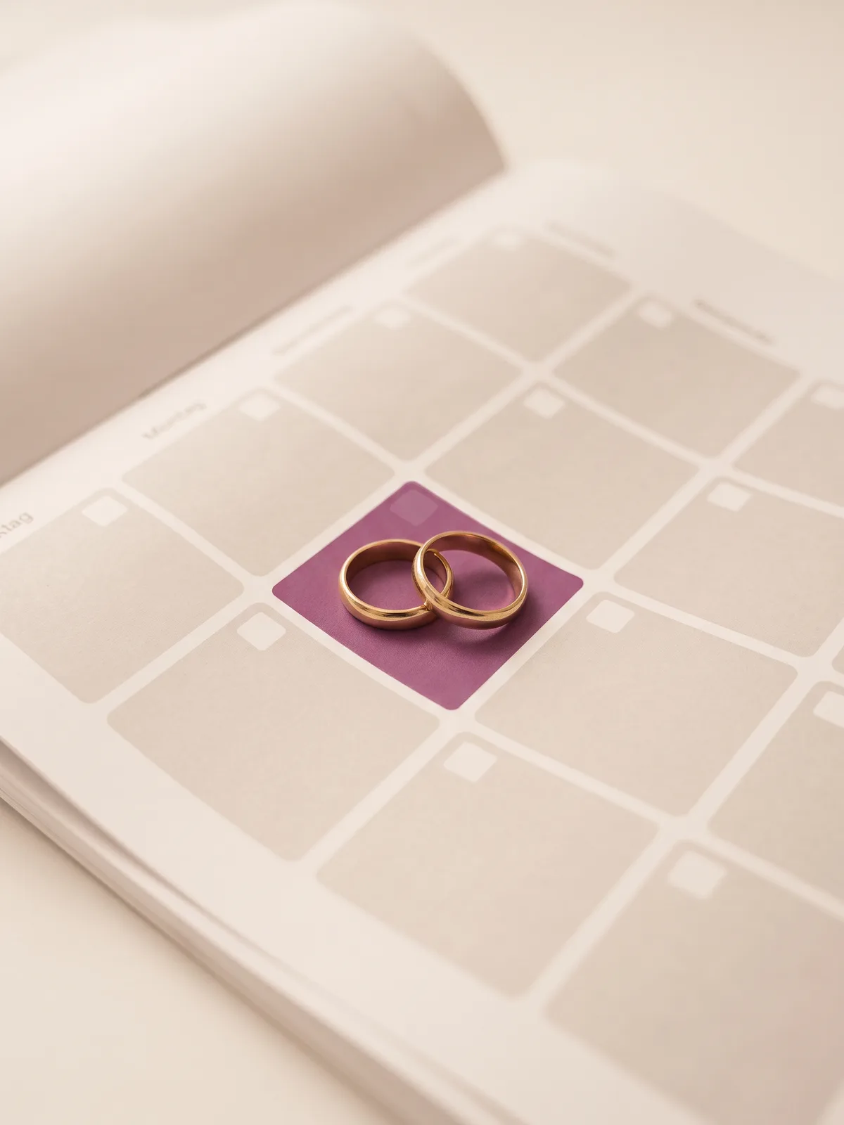 Trauringe auf einem Kalenderblatt als Symbol fuer den freien Hochzeitstag