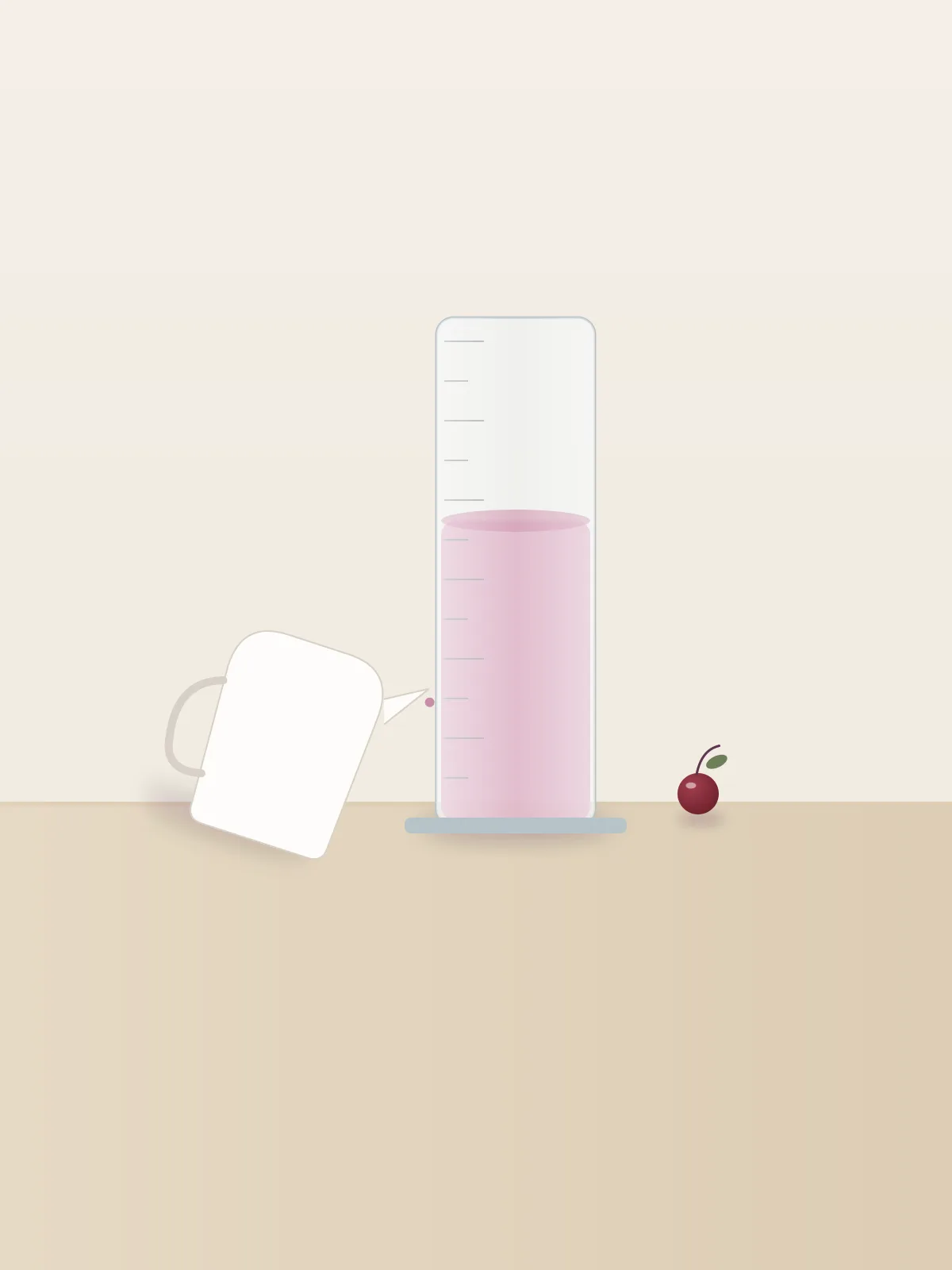 A tall glass measuring cylinder filled about six tenths with a soft rose liquid, and a small cream pitcher beside it poised to pour