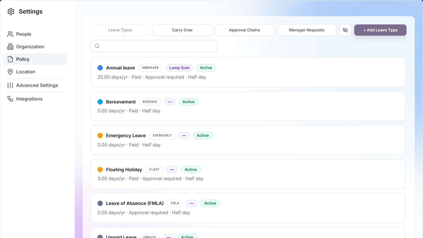Leave type configuration screen with separate rules per type