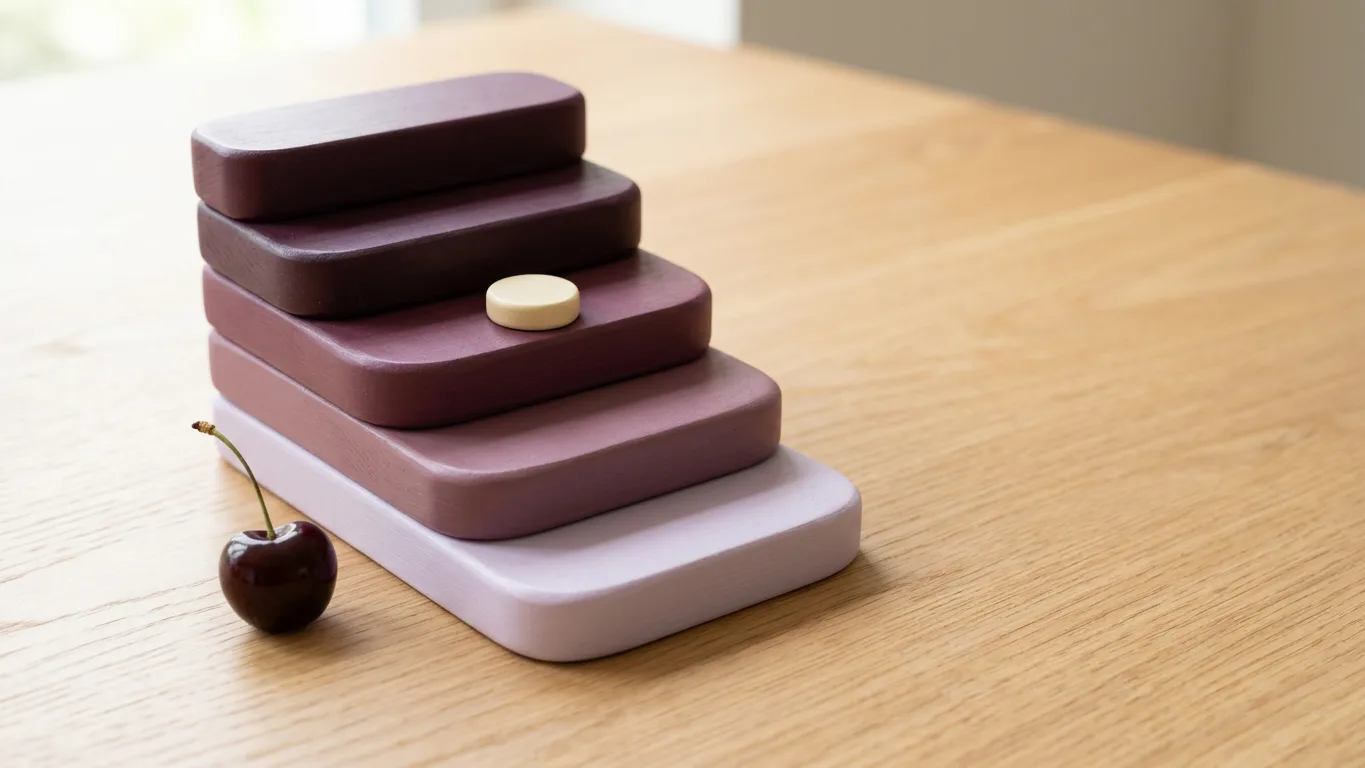 A short flight of five shallow pale steps rising from left to right on a light oak surface, each step slightly deeper in plum than the one below, with a small cream marker resting on the fourth step and a single dark cherry on the oak beside the bottom step