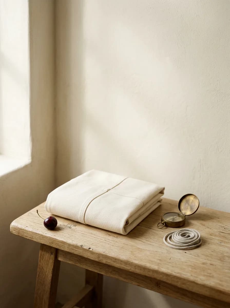 A folded cream canvas jacket resting on a light oak bench beside a small brass compass and a neatly coiled pale cord, with a single dark cherry on the bench, in soft window light