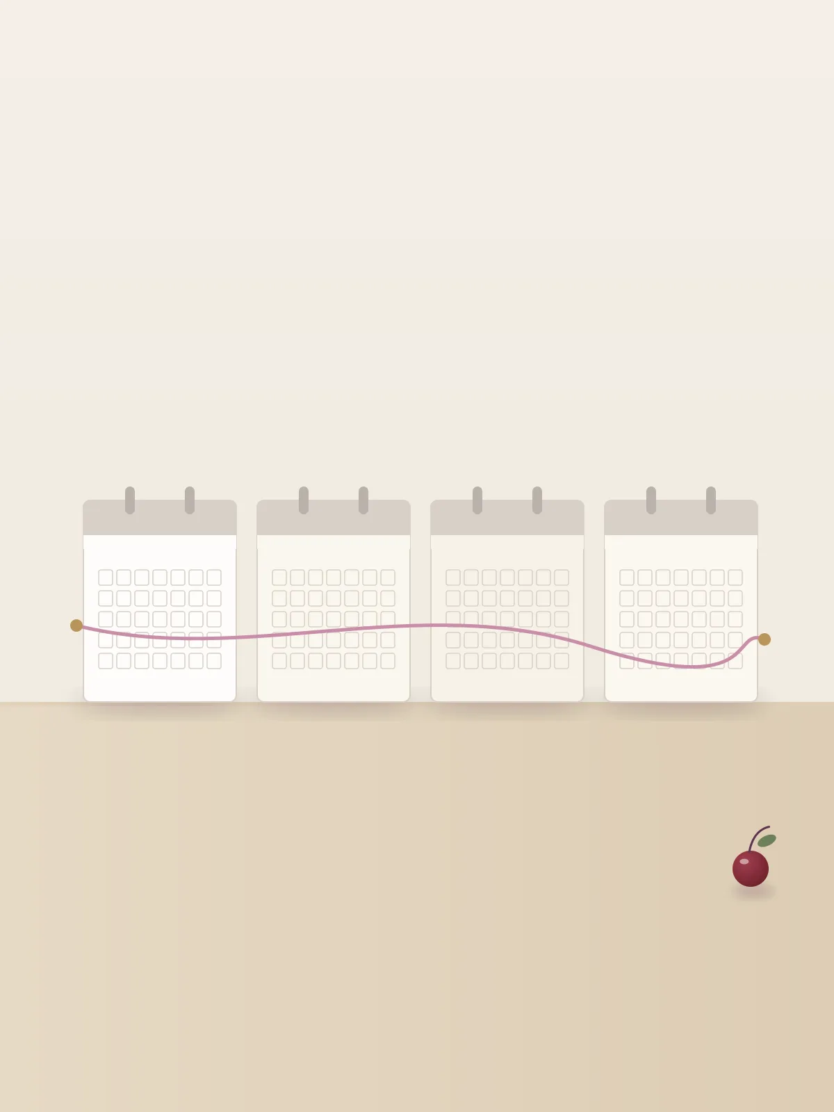 Four small wall calendars leaning in a row on a shelf, each open to a different month, with a single soft-pink thread running across all four