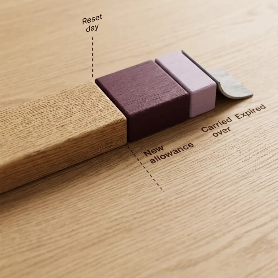 A balance bar crossing a reset line: new allowance added, carried days kept, days over the cap expiring