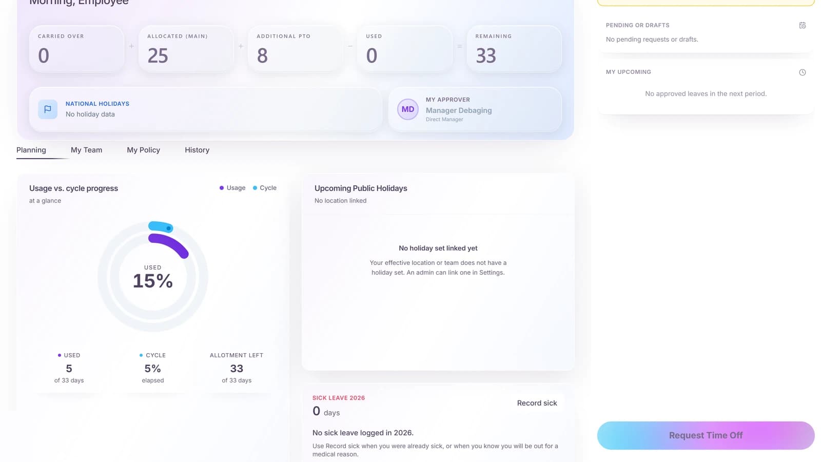 A new employee's leave dashboard with balance and request button, set up during onboarding