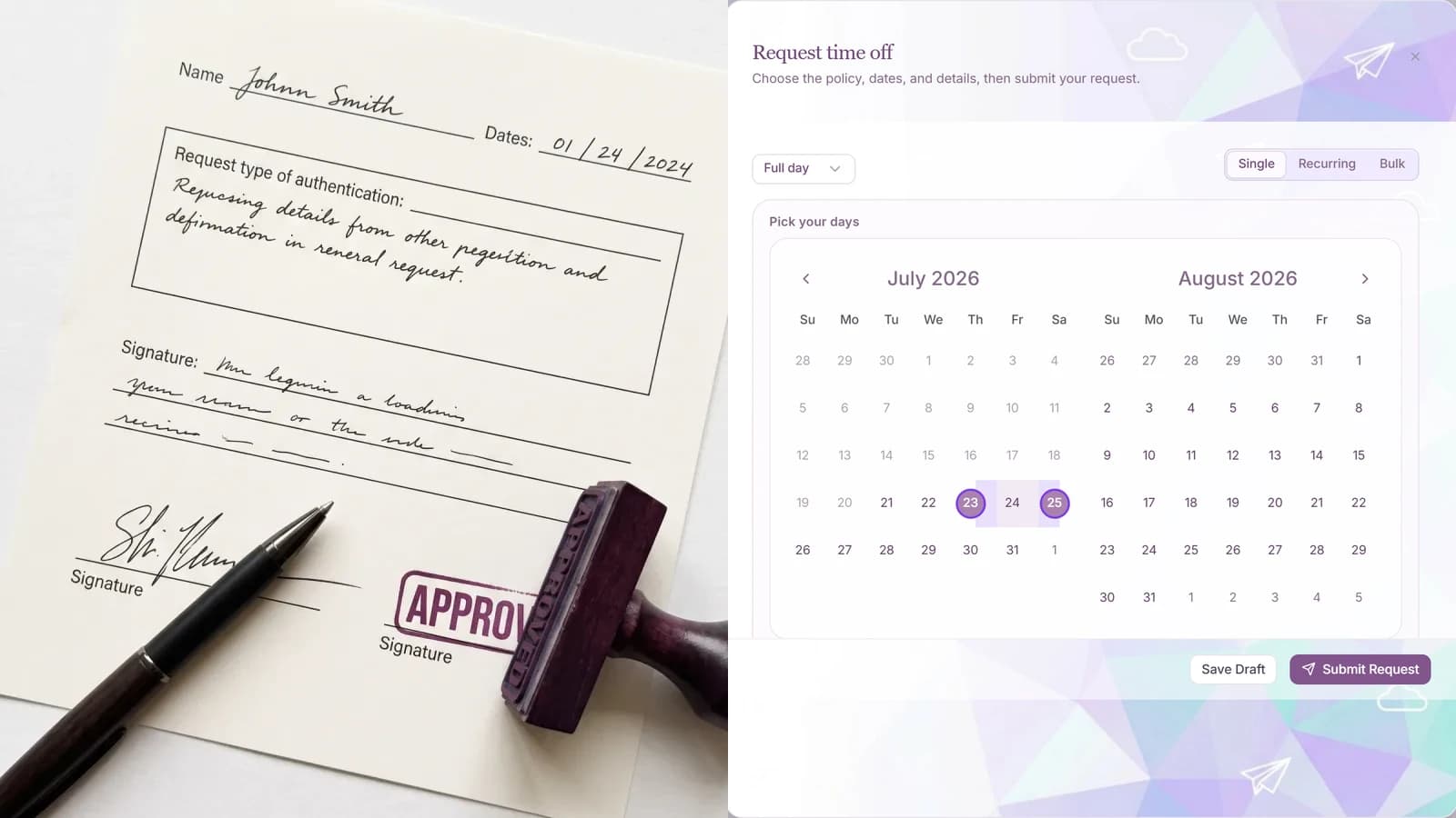 A paper request form next to a digital request flow with automatic checks