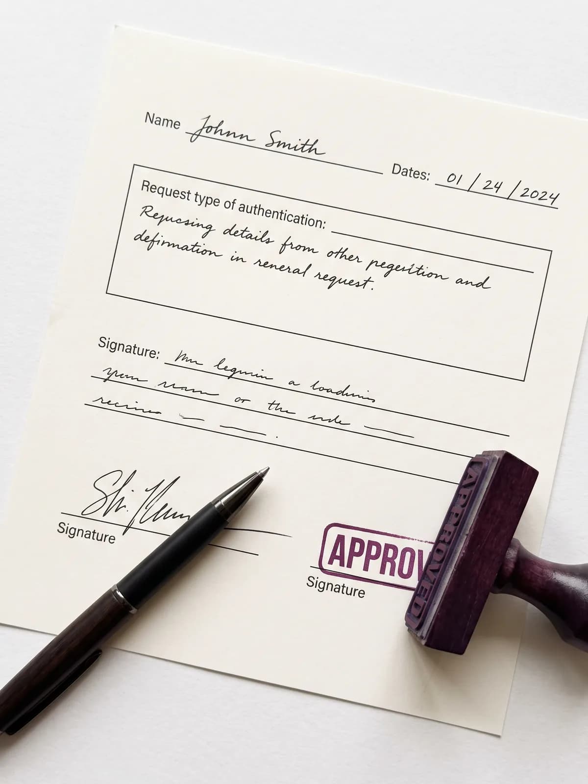 A filled-in time off request form with employee, dates, and approval fields
