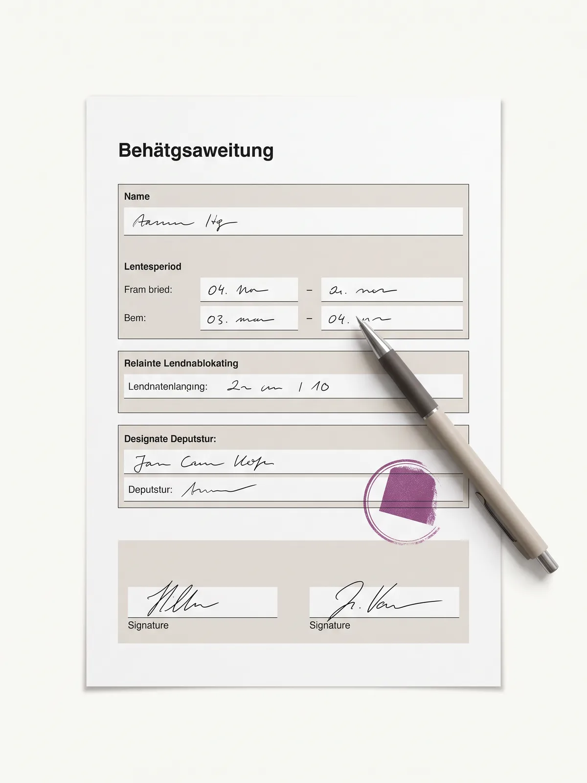 Ausgefuellter Urlaubsantrag mit Zeitraum, Resturlaub, Vertretung und Unterschriften