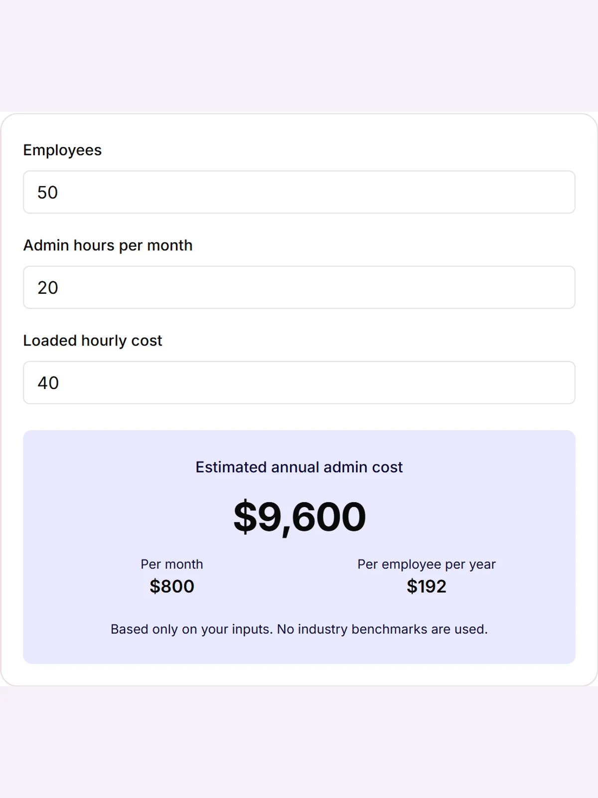 Time-Out Zone cost of leave mismanagement estimator: headcount, monthly admin hours, and hourly cost inputs with the annual cost estimate as the result.