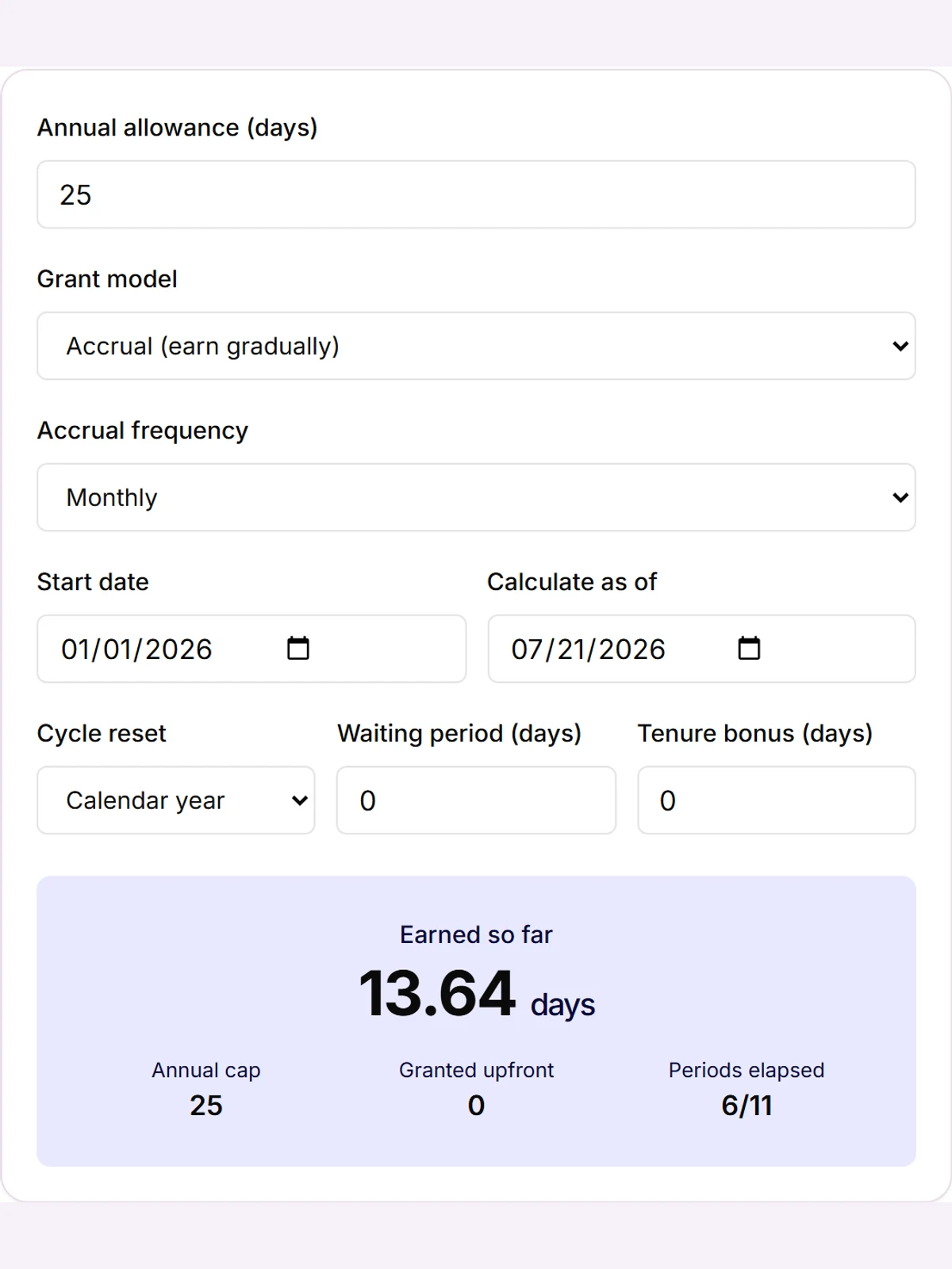 Time-Out Zone PTO accrual calculator: annual allowance, accrual model, frequency, start date, and as-of date inputs with the earned-so-far result.