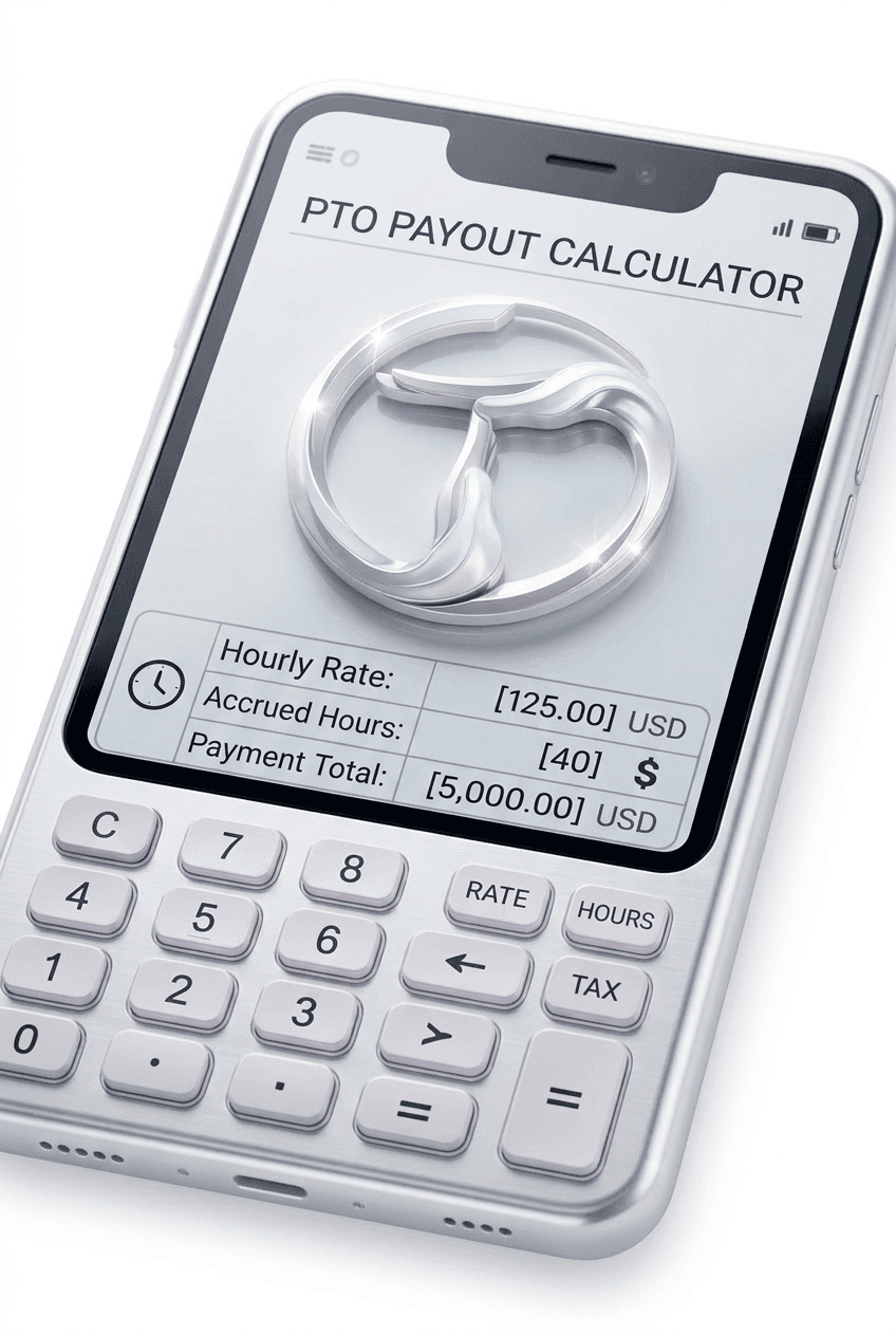 Time-Out Zone PTO payout calculator: estimate the gross and after-tax value of unused vacation, with unused PTO hours times your hourly rate and the $52,000 / 2,080-hour salaried conversion.