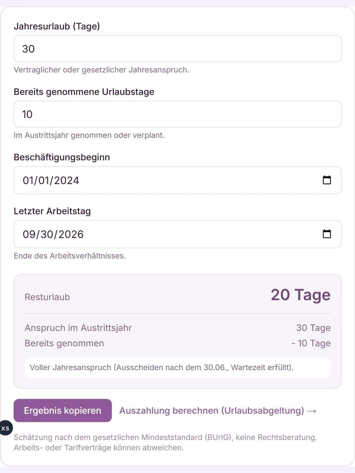 Time-Out Zone Resturlaub-Rechner: Urlaubsanspruch bei Kündigung nach § 5 BUrlG berechnen, Zwölftelung in der ersten Jahreshälfte, voller Anspruch nach dem 30. Juni.